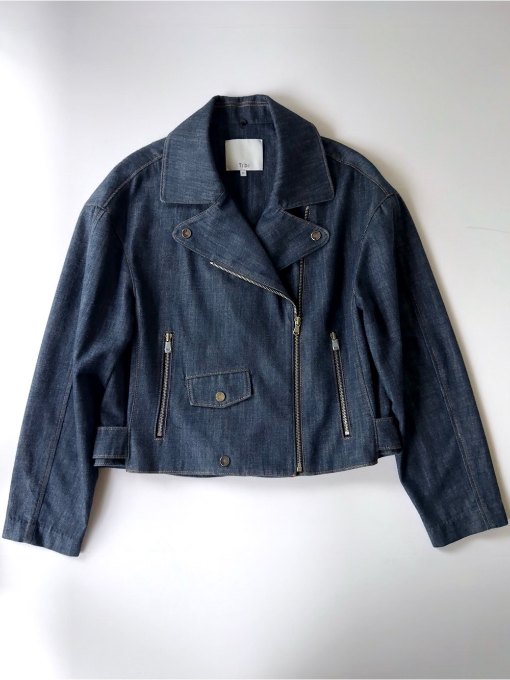 TIBI Raw Denim Oversized Moto Motorcycle Jean Jacket Size M